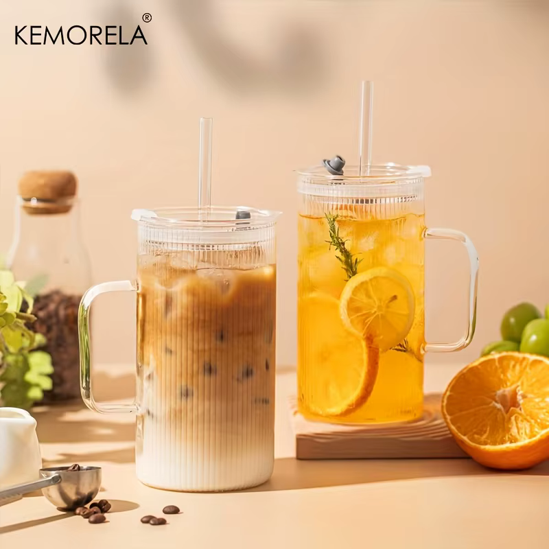 KEMORELA Grand gobelet en verre nervuré de 740 ml avec poignée et couvercle