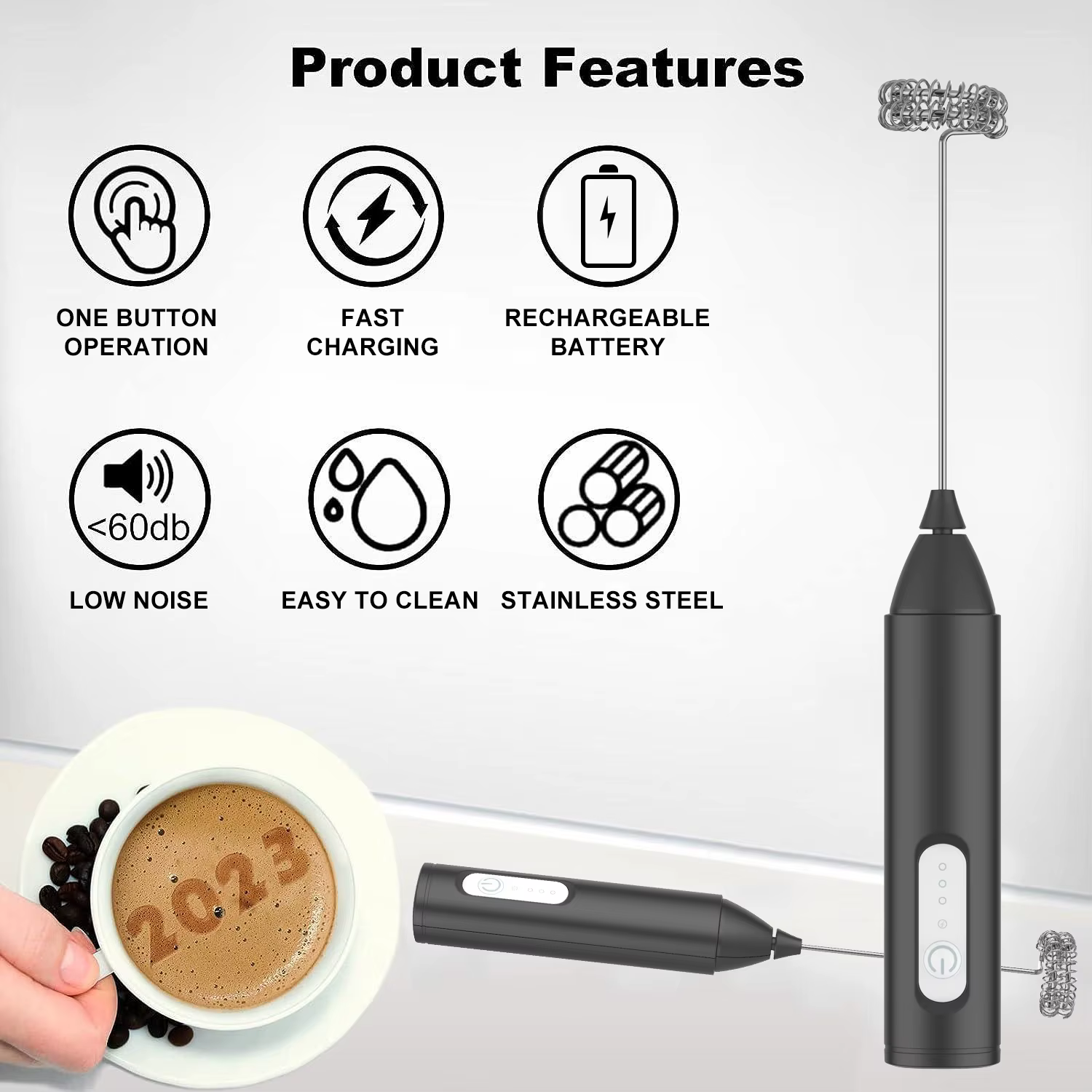 Mousseur à lait sans fil électrique type-c mélangeur à main en acier inoxydable Mini cafetière fouet