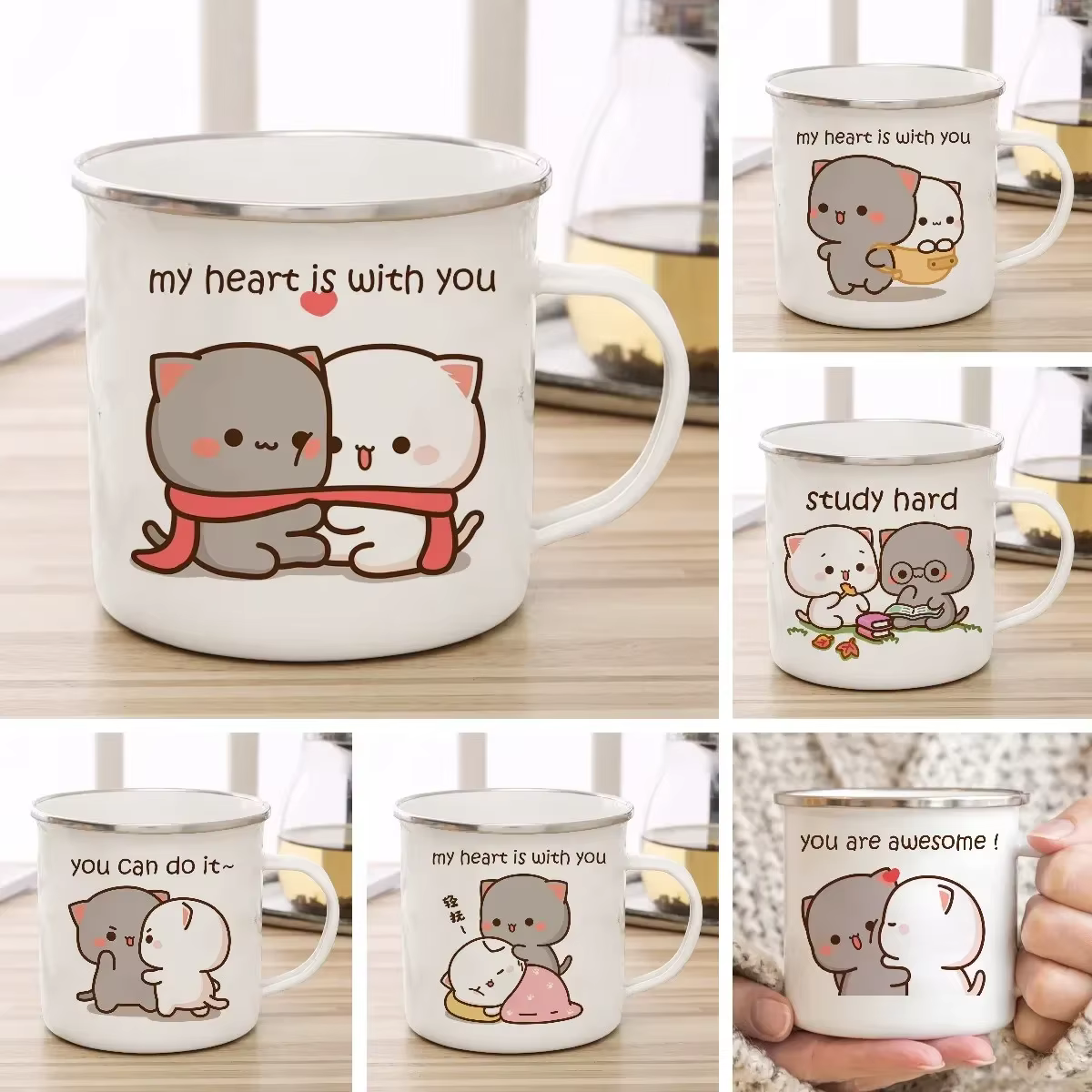 Tasse créative en émail chat pêche et Goma