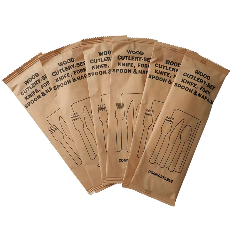 Couverts en bois jetables Combo (fourchette couteau cuillère serviette en papier) Portable fête Camping ensemble de
