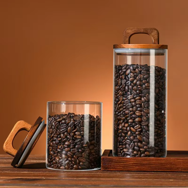 Bocaux en verre pour grains de café avec couvercle en bois