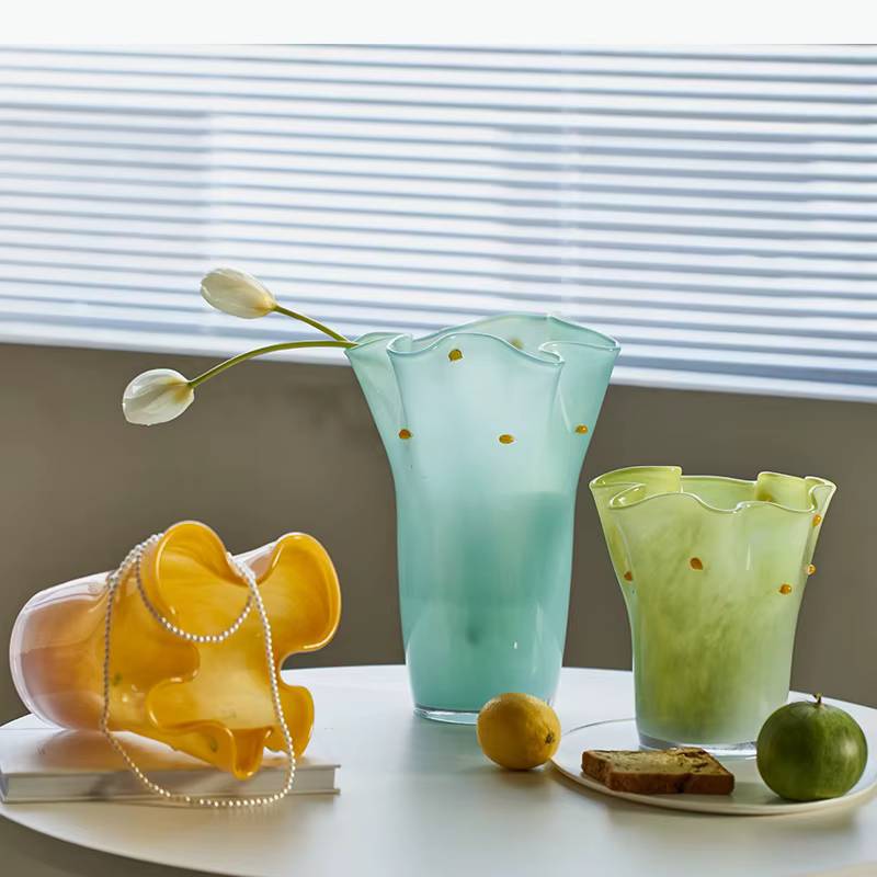 Vase en verre à bord ondulé, plissé, dégradé de couleur, bouteille en verre hydroponique, vase à fleurs, terrarium, accessoires de décoration pour la maison