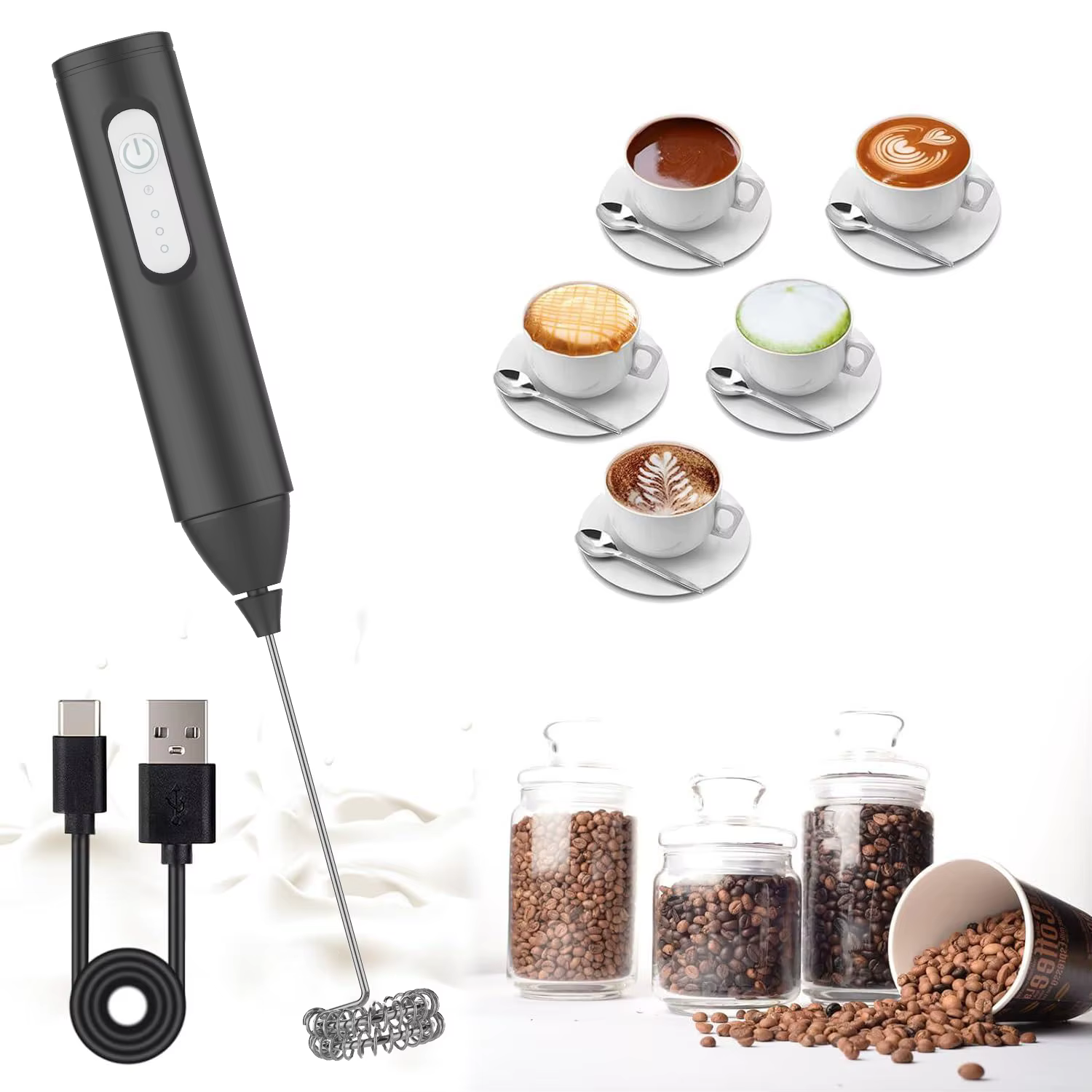 Mousseur à lait sans fil électrique type-c mélangeur à main en acier inoxydable Mini cafetière fouet