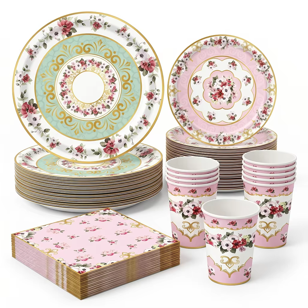 Vaisselle Jetable Thème Thé Rétro Filles Anniversaire Fleurs Assiettes En Papier Tasses Serviettes EVJF Mariage Décoration Élégante Fête Prénuptiale Baby Shower Fournitures De Table Floral Romantique