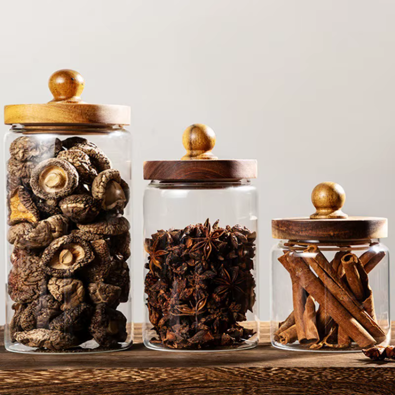 Pot de stockage des aliments en verre avec couvercle en bois