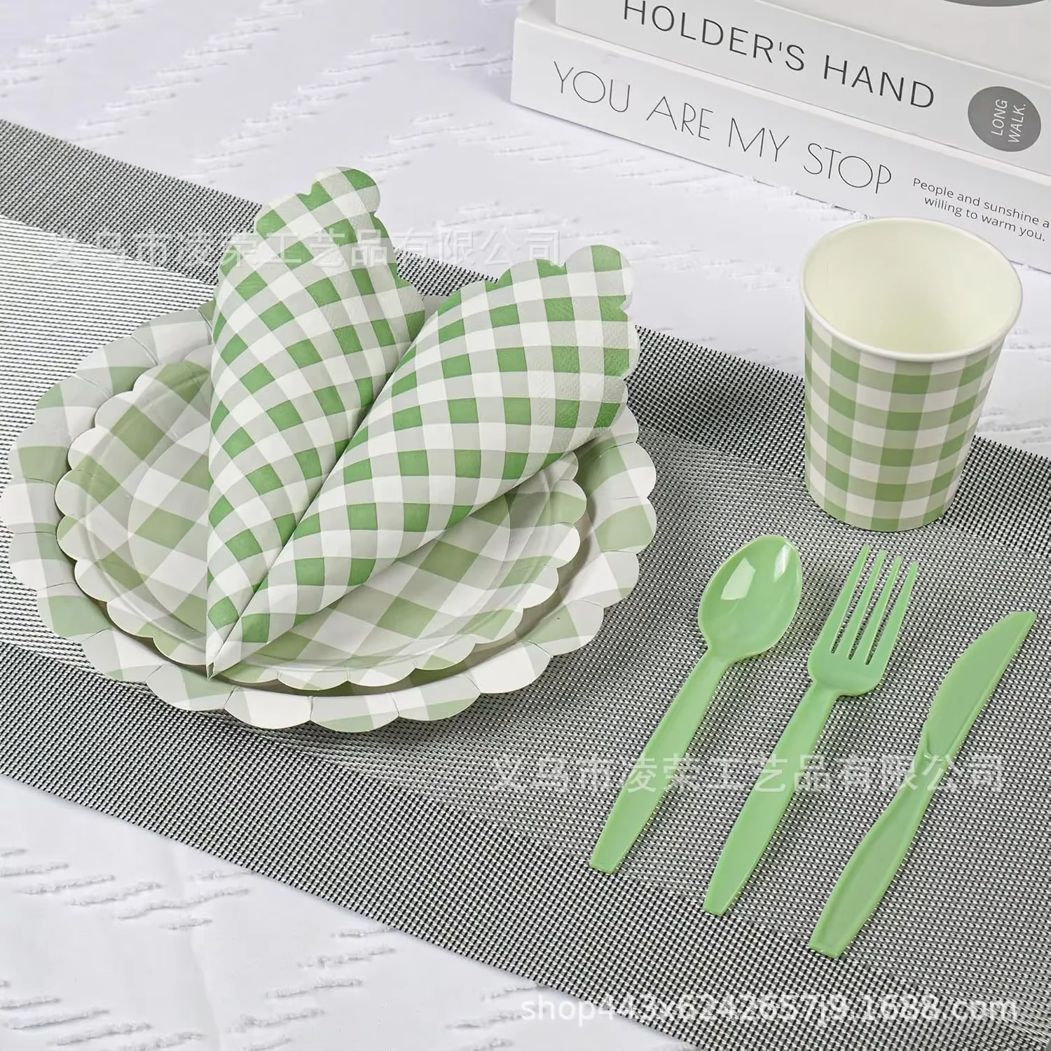 Vaisselle jetable en dentelle à motif quadrillé vert frais pour enfants et adultes