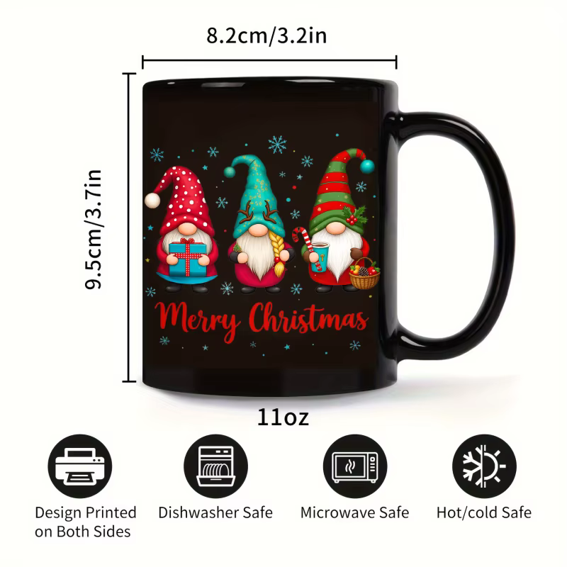 Tasse de Noël, elfe noir avec cadeaux et texte "Joyeux Noël"