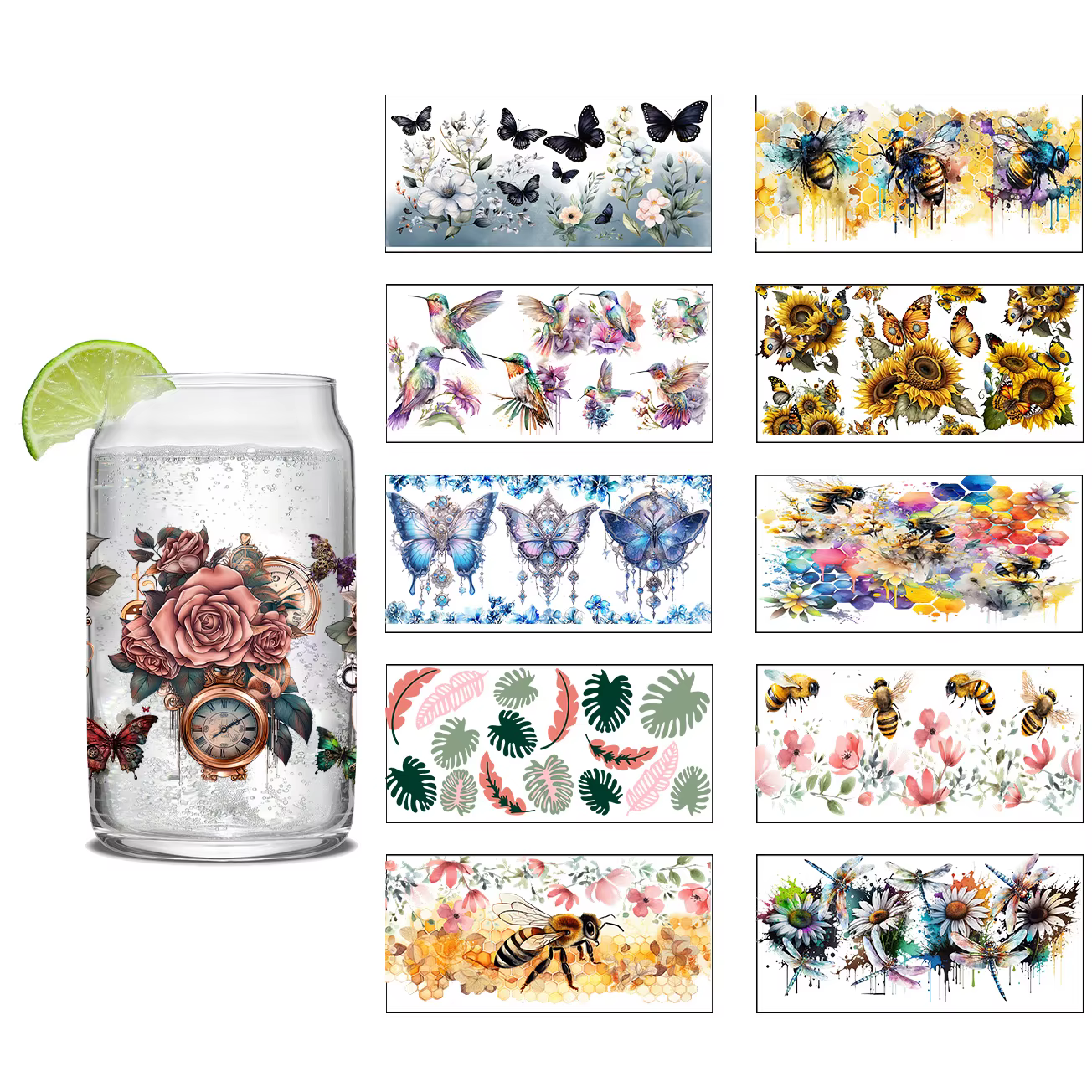 Thème abeille miel 16oz Libbey verre tasse enveloppes bricolage UV DTF autocollant motif papillon étanche 3D
