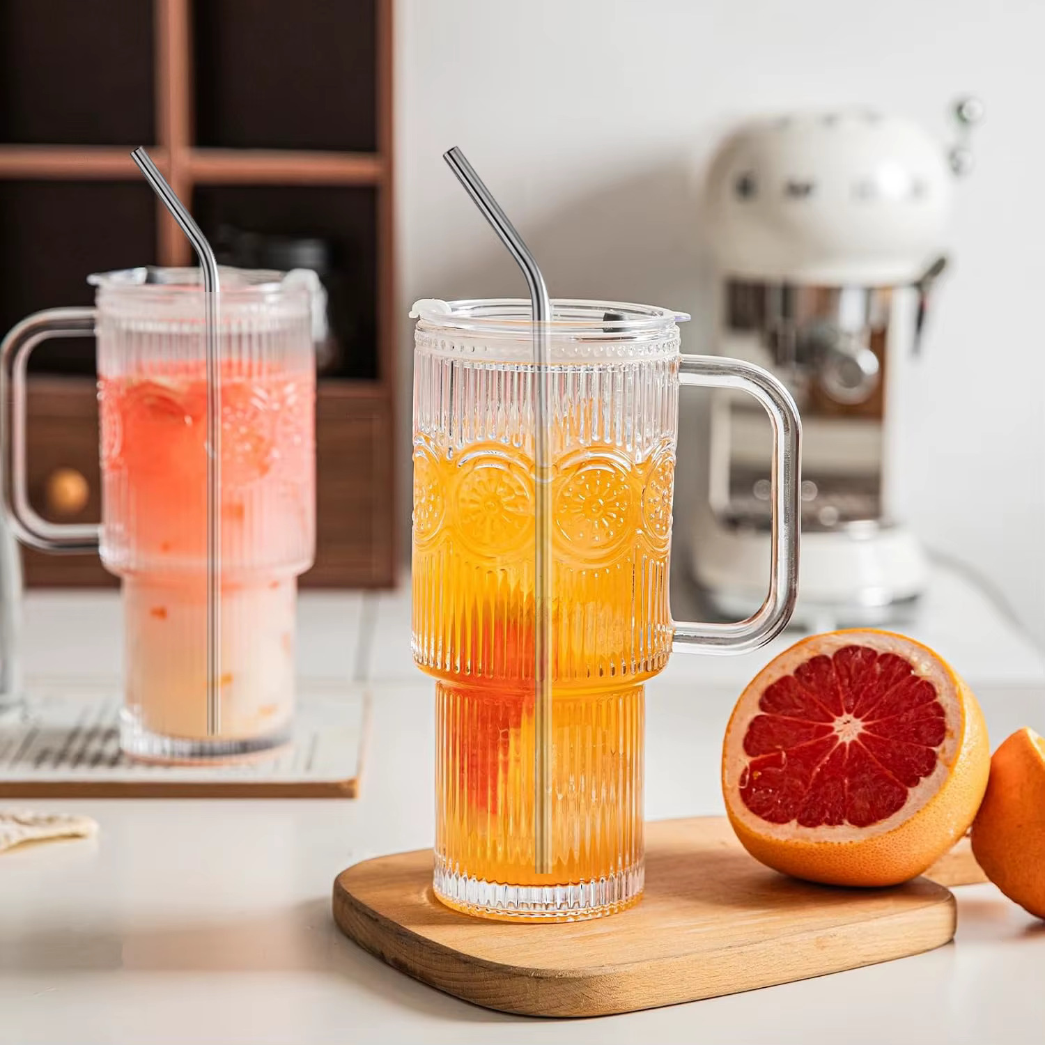 Gobelets en verre côtelés et à motifs floraux de 500 ml avec couvercles/pailles – Tasses réutilisables pour café