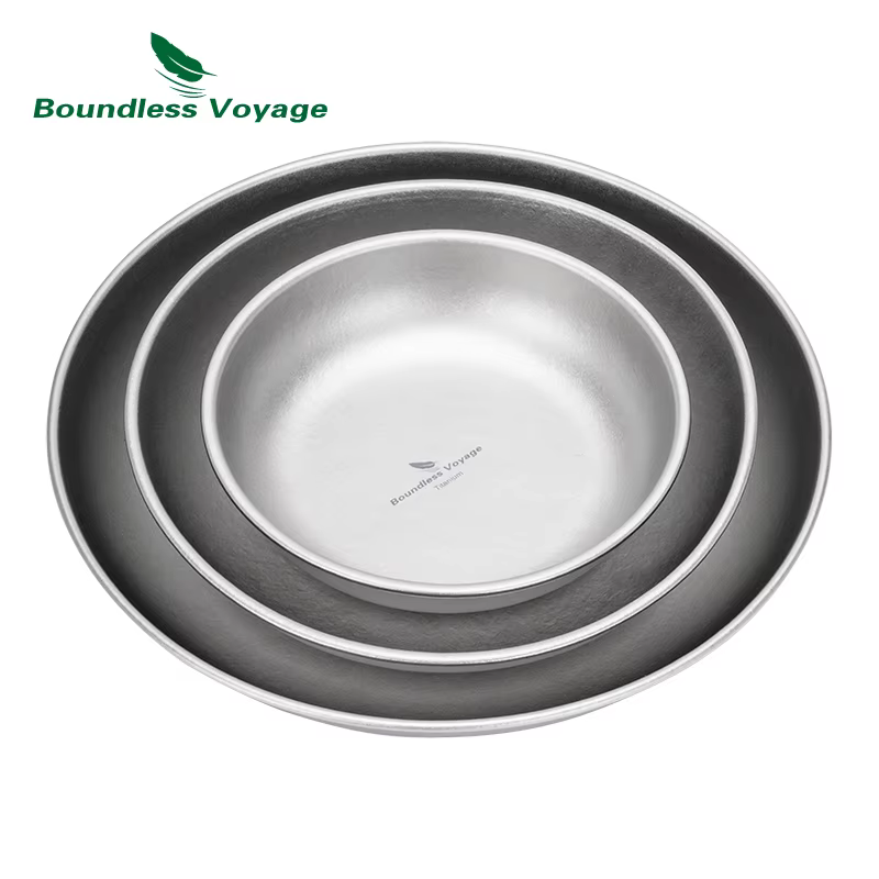 Boundless Voyage – Ensemble de 3 assiettes et bols de camping en titane ultraléger avec sac en filet – Vaisselle et
