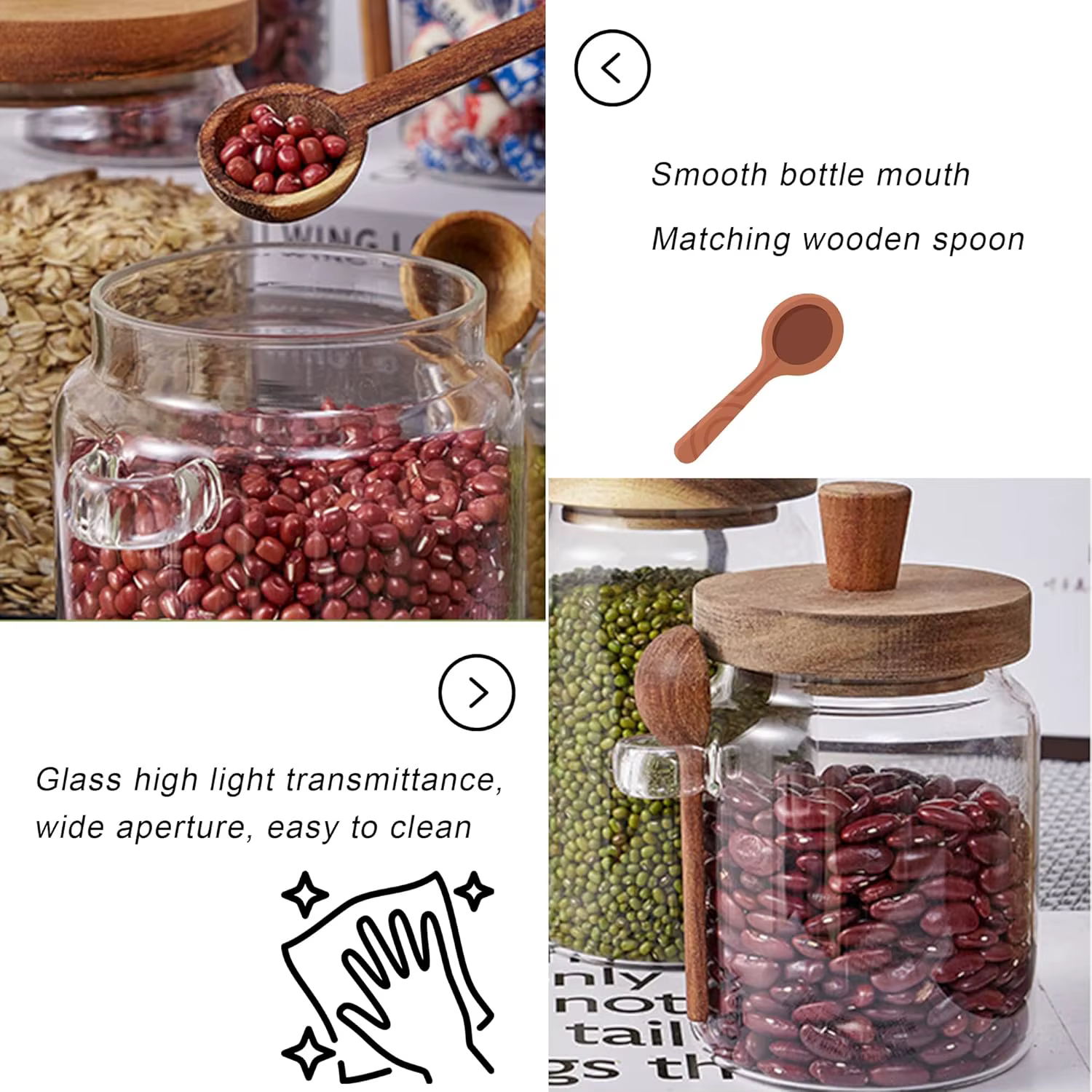 Bocaux en verre de cuisine avec couvercles et cuillère en bois