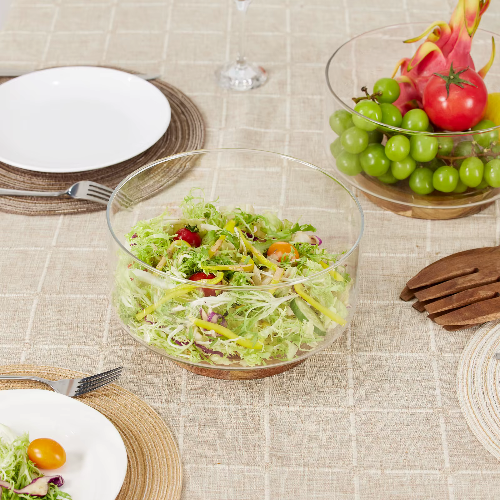 Bol à fruits en verre créatif grand bol à salade Base en bois collations pop-corn noix bols de rangement maison noël Snack conteneur de stockage