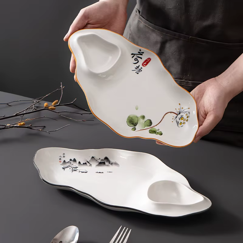 Assiette à raviolis 1 pièce avec coupelle à vinaigre, forme créative spéciale, pour restaurant et usage domestique, assiette à frites et raviolis, vaisselle de table domestique