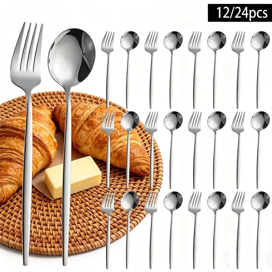 Ensemble de couverts en acier inoxydable argenté de 12/24 pièces