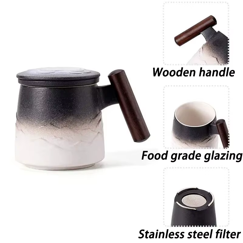 Tasses en céramique vintage avec poignée en bois