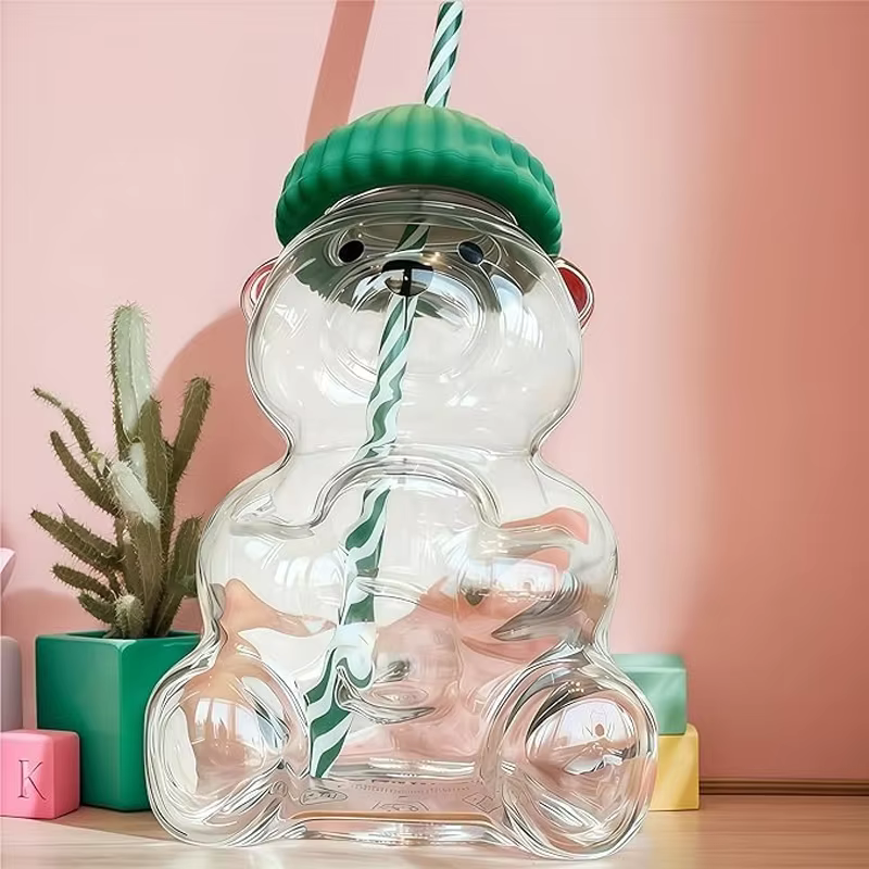 Nouvelle tasse en verre en forme d'ours avec paille et couvercle