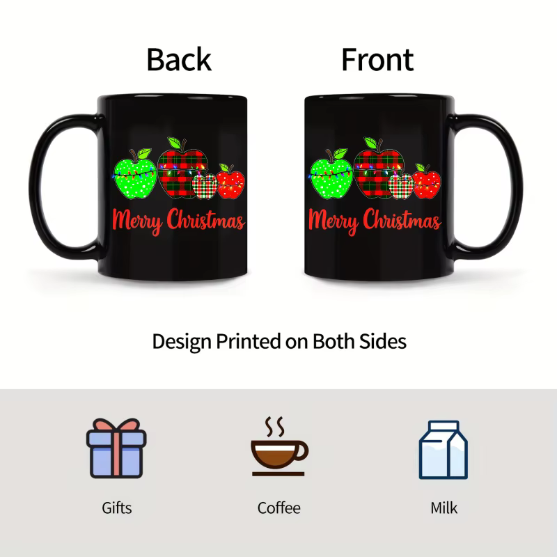 Tasse à café noire avec motif pomme de Noël et texte "Joyeux Noël"