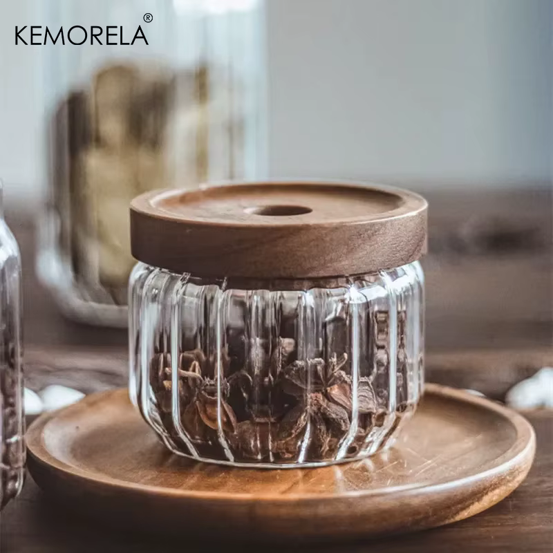 Pot de stockage en verre avec couvercle en bois d'acacia