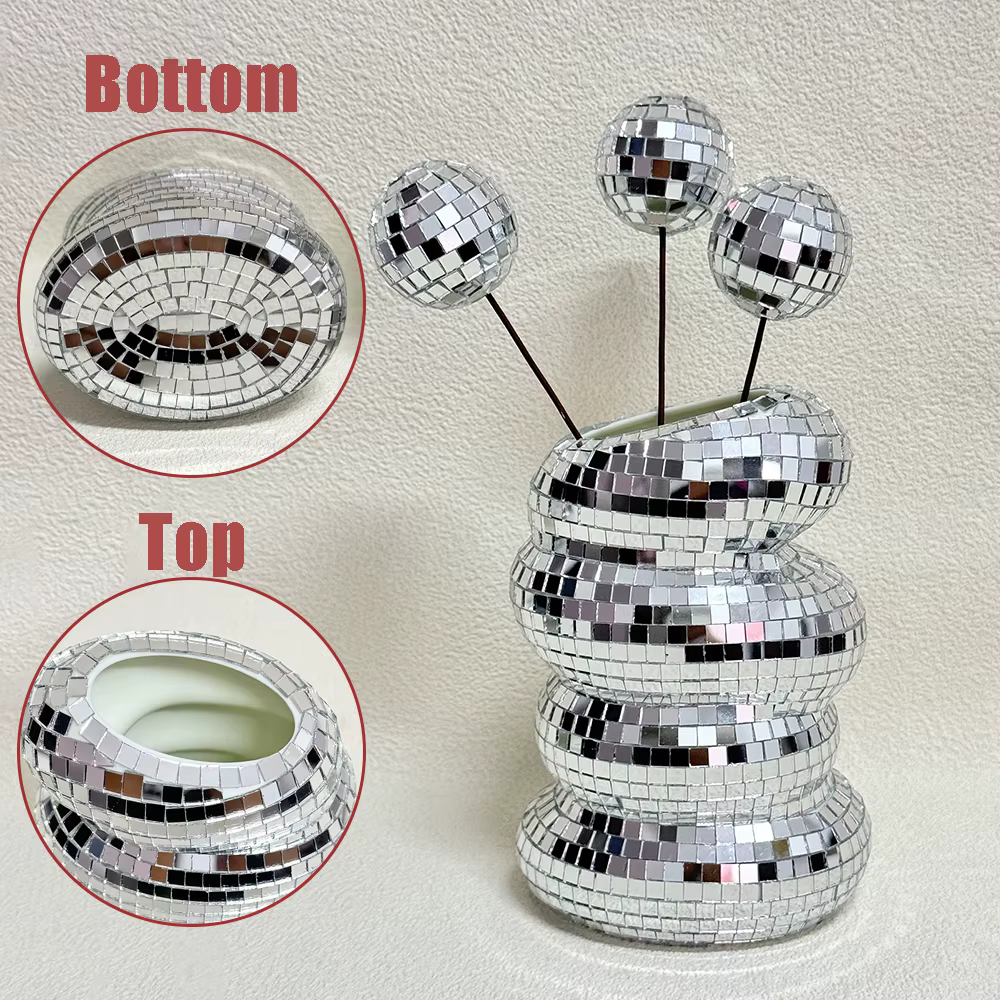 Vase boule Disco spirale, carreaux de verre uniques, bouteille de fleur, jardinière boule Disco, Vase miroir argenté, décor de maison, salon, bureau