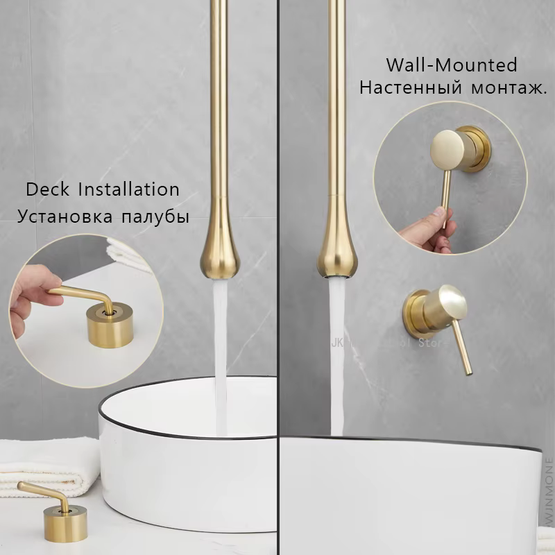 Robinet de salle de bain doré brossé, design plafond, mitigeur en laiton pour lavabo, eau chaude et froide, robinet de lavabo pour hôtel, robinets personnalisés