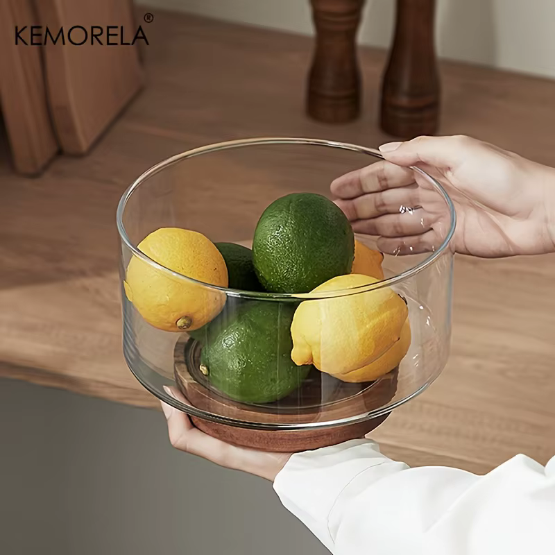 Bol à fruits en verre créatif grand bol à salade Base en bois collations pop-corn noix bols de rangement maison noël Snack conteneur de stockage