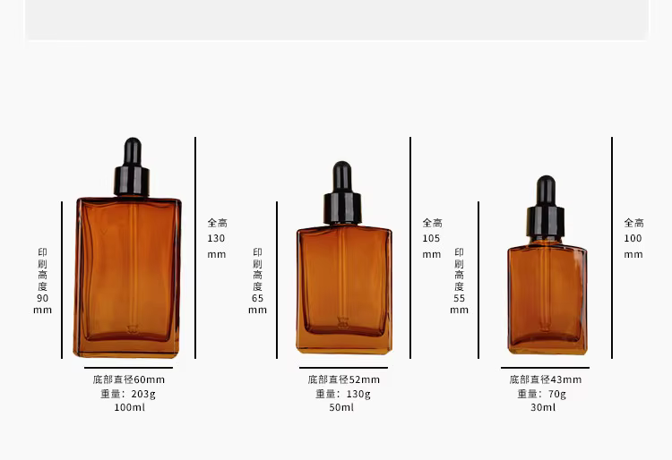 100 ml ‌ Flacon compte-gouttes d'huile essentielle rectangulaire à épaule plate ambre – Récipients cosmétiques en verre rechargeable de 100 ml