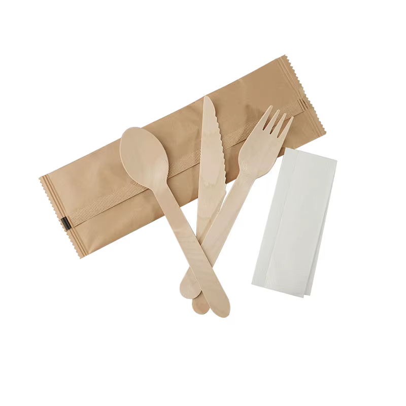 Couverts en bois jetables Combo (fourchette couteau cuillère serviette en papier) Portable fête Camping ensemble de