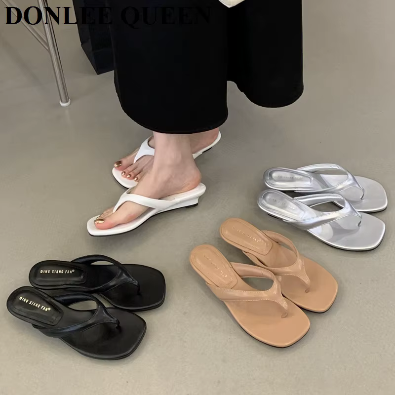 Marque de mode talon compensé pantoufle diapositives femmes pince orteil tongs bande étroite sandales chaussures décontracté femme pantoufle Sandalia Mujer