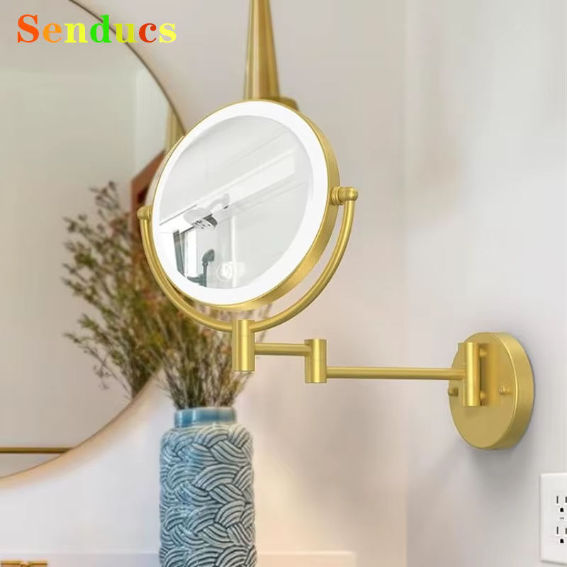 Miroirs de salle de bains Led or brossé, miroir de maquillage grossissant en laiton de qualité 10X, double bras, miroirs de salle de bains pliants Led dorés
