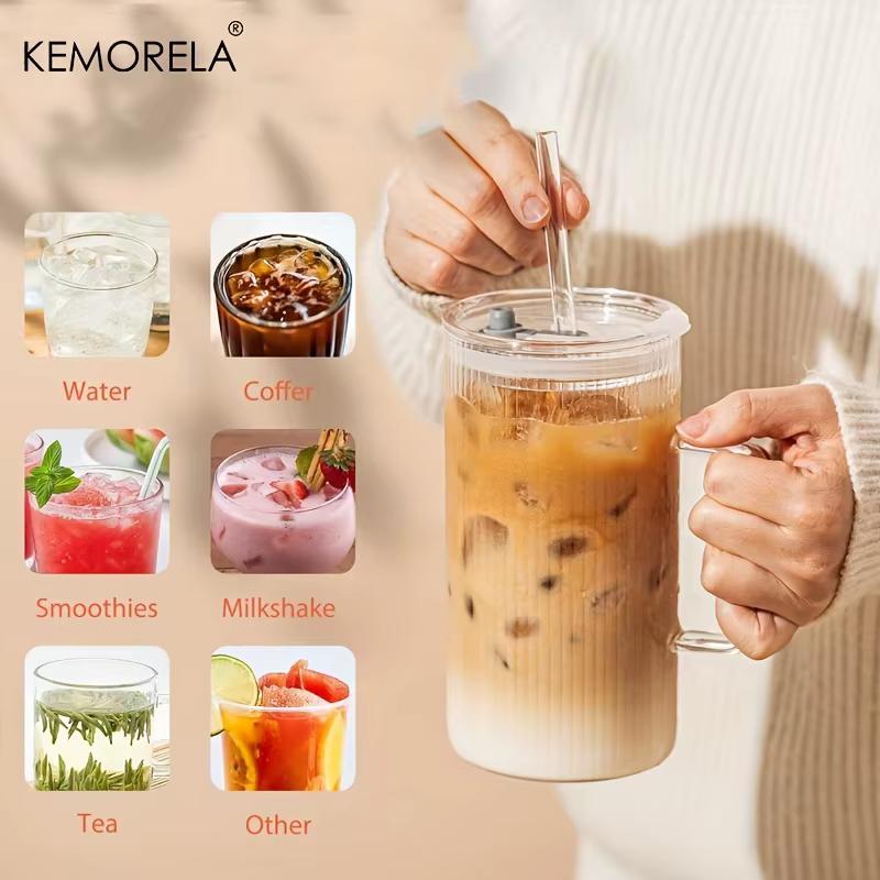 KEMORELA Grand gobelet en verre nervuré de 740 ml avec poignée et couvercle