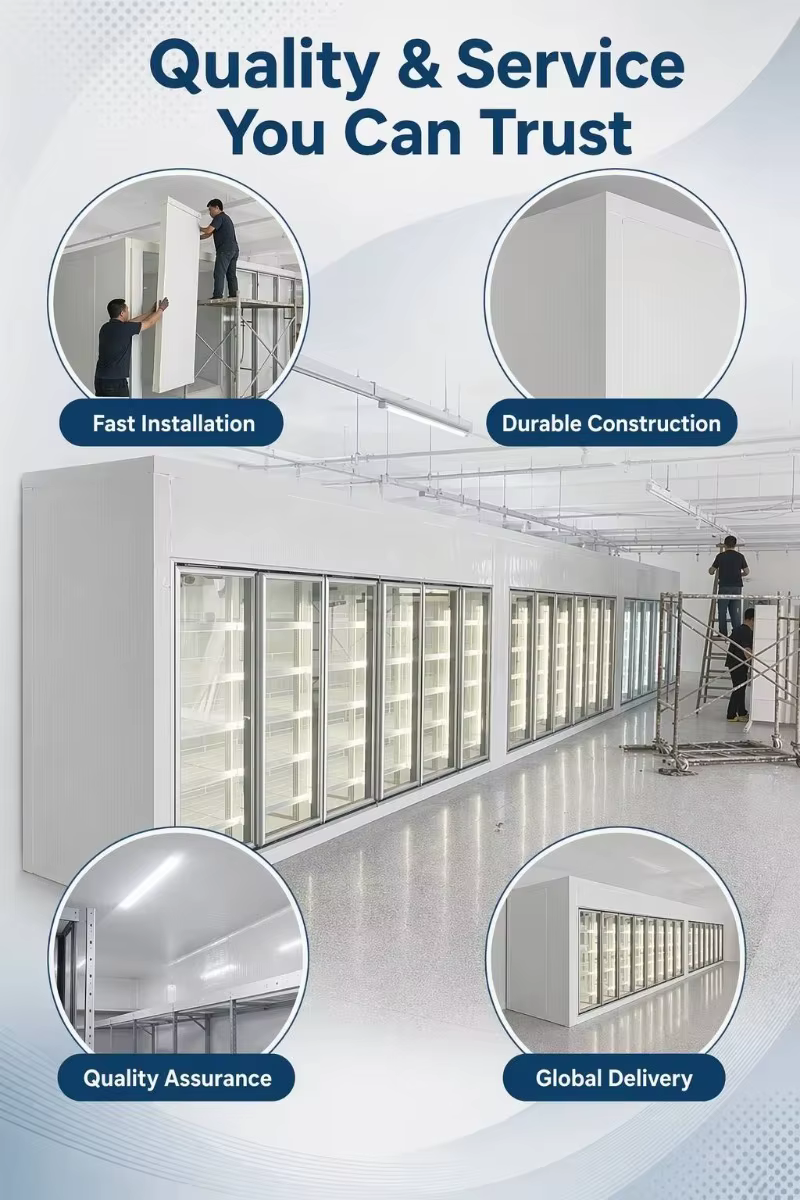 Chambre froide à porte vitrée accessible par chariot élévateur, espace interne optimisé pour le stockage de grandes quantités de boissons en gros et la réapprovisionnement.