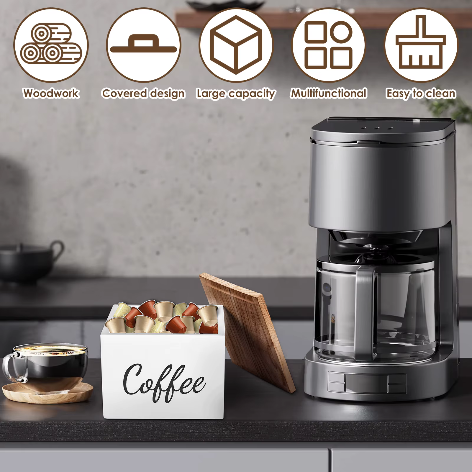 Porte-dosette de café en bois avec couvercle