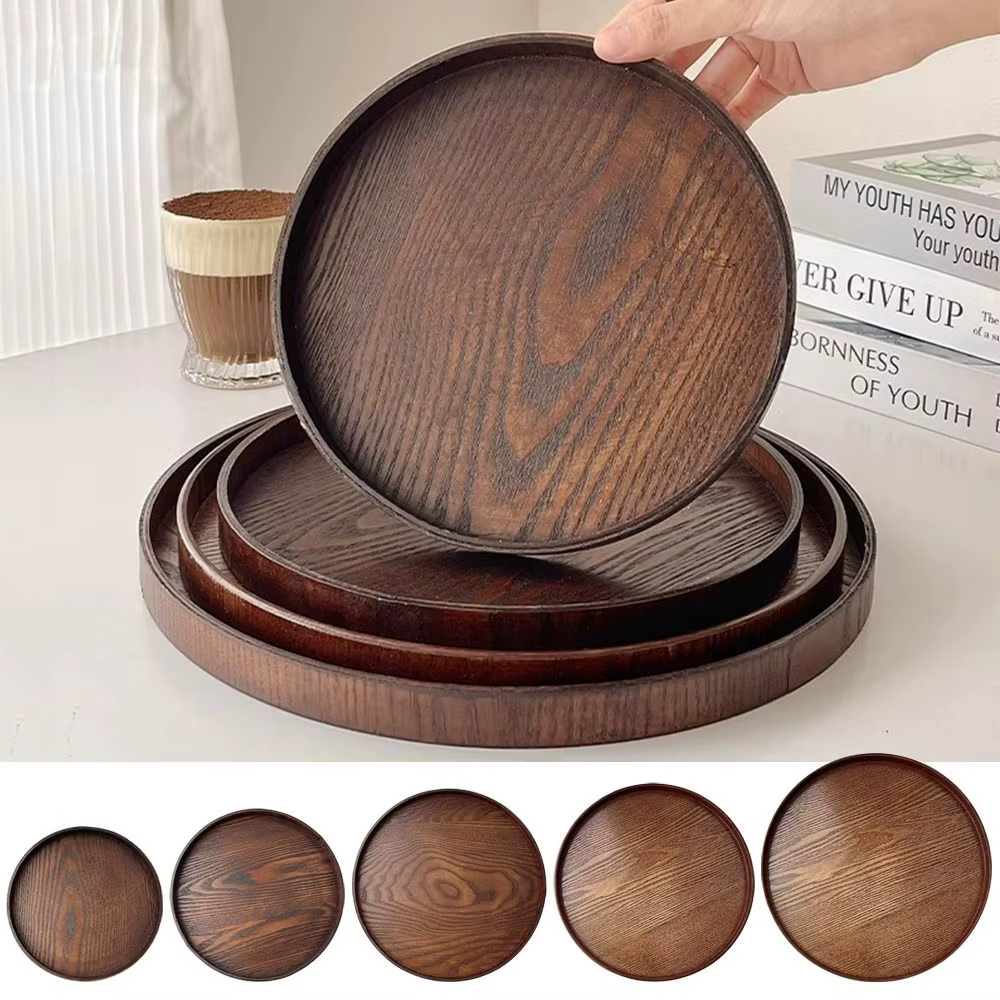 Plateau de service rond vintage en bois 21/24/27/30/33cm