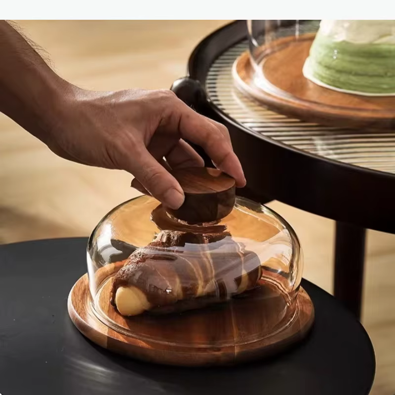 Plateau à gâteau en bois avec couvercle en verre, assiette à dessert, assiettes décoratives, assiettes de présentation, assiette à pâtisserie, plateau à thé, bol à fruits, plat à dim sum