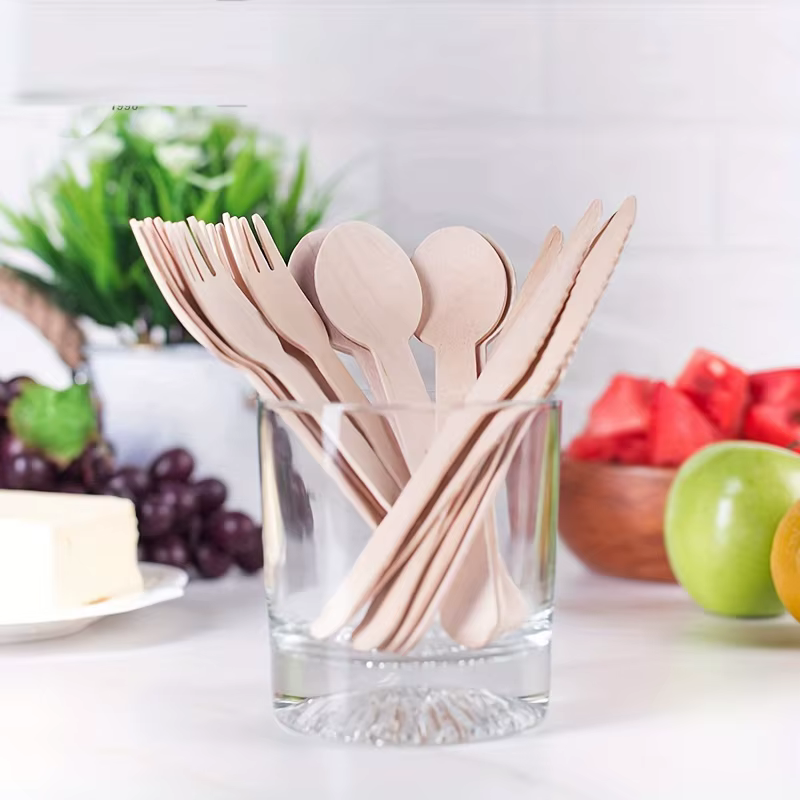 Cuillères/couteaux/fourchettes en bois jetables de 16cm, vaisselle, au lieu de cuillères en plastique biodégradables, jetables, 100 pièces