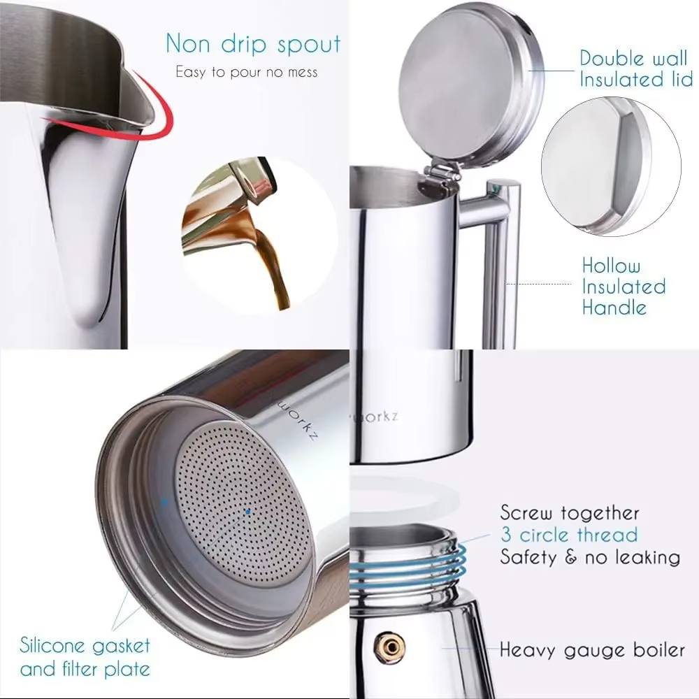 Easyworkz Diego Cafetière Expresso Italienne en Acier Inoxydable pour Plaque de Cuisson, 4 Tasses (6,8 oz), Compatible Induction, Type Moka
