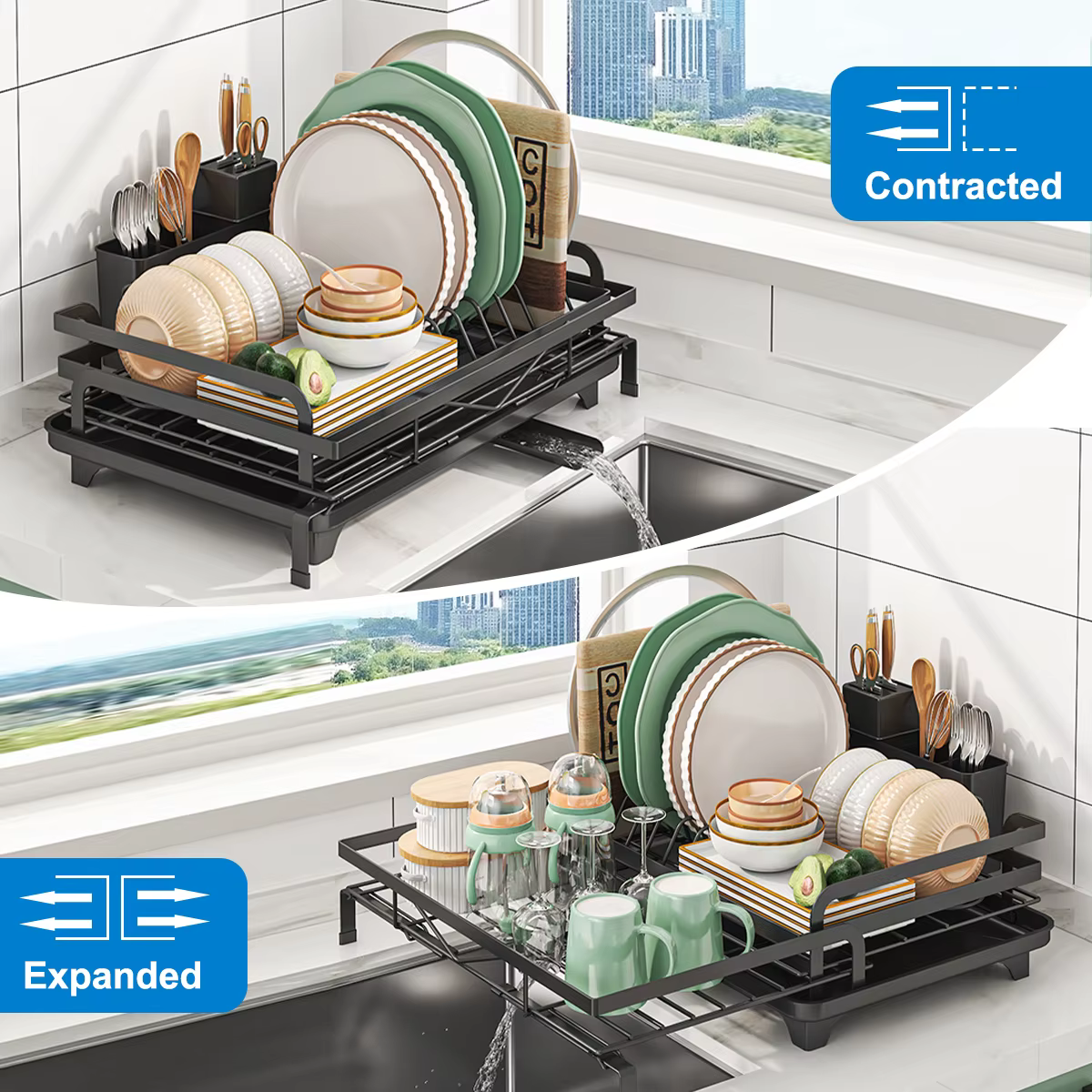 Égouttoir à vaisselle extensible avec porte-couverts et bec de drainage pivotant