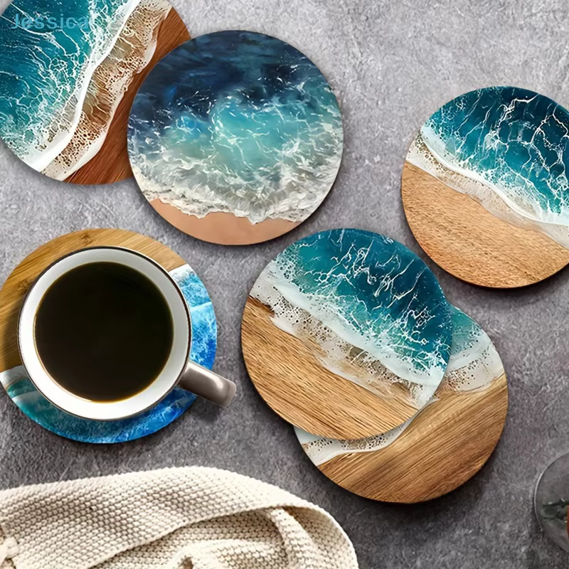 ♥ Ensemble de sous-verres océan vague et Grain de bois