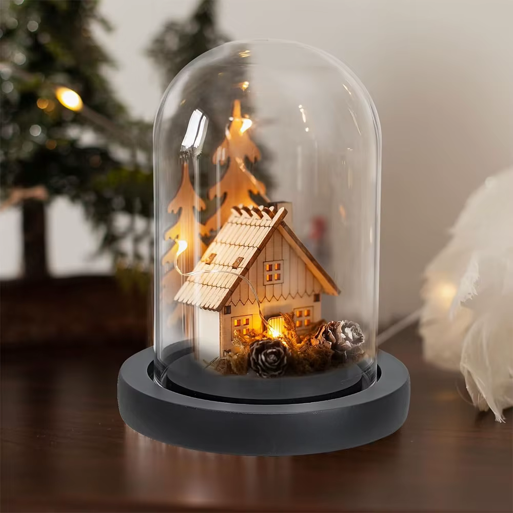 Cloche en verre avec Base en bois noir