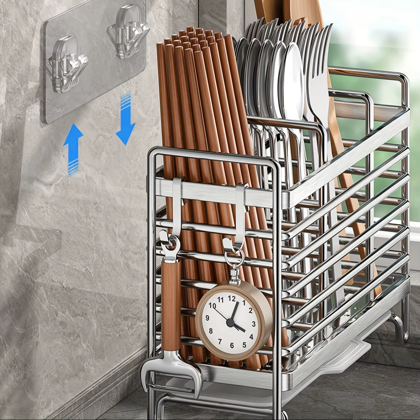 Porte-ustensiles mural sans perçage. Organisateur peu encombrant en acier inoxydable pour couverts de cuisine