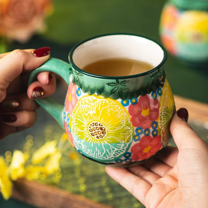 Tasse en céramique à fleurs Vintage faite à la main