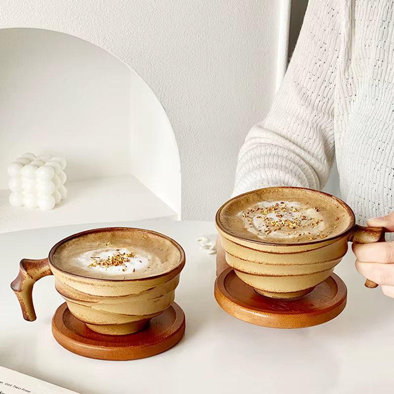 Tasse à café en céramique Vintage faite à la main de 200ml avec soucoupe
