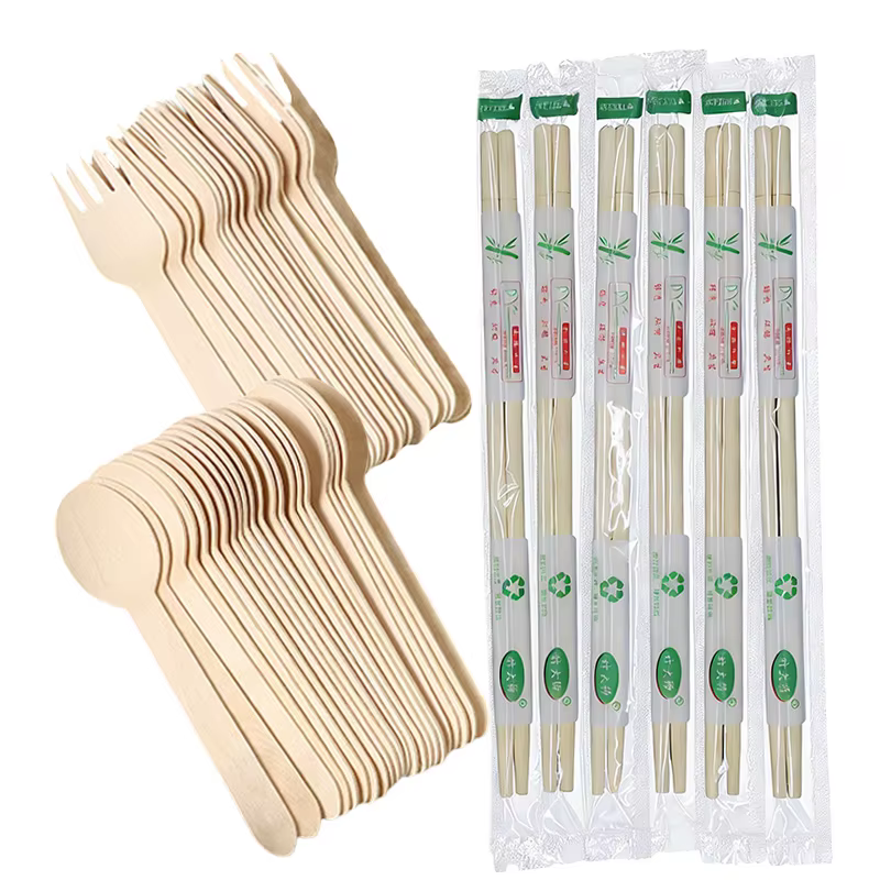 Lot de 50 couverts en bois jetables (baguettes