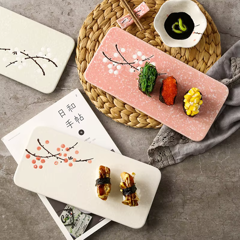 Assiette à Sushi en céramique japonaise, plat rectangulaire à manger pour la maison, plateau à fruits, conception de fleur de prunier