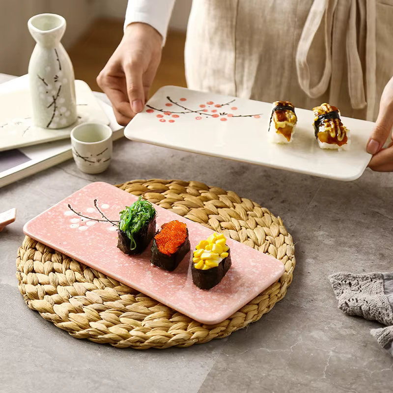 Assiette à Sushi en céramique japonaise, plat rectangulaire à manger pour la maison, plateau à fruits, conception de fleur de prunier