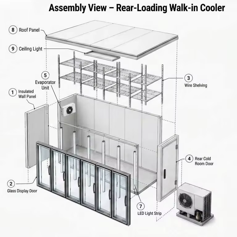 Chambre froide à porte vitrée accessible par chariot élévateur, espace interne optimisé pour le stockage de grandes quantités de boissons en gros et la réapprovisionnement.