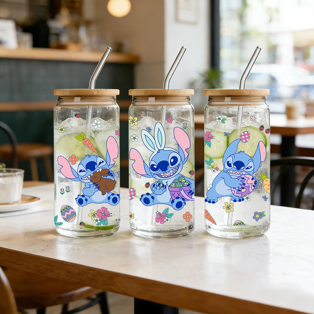 1 pièce Gobelet en verre borosilicate Disney Stitch Pâques de 16 oz avec couvercle et paille