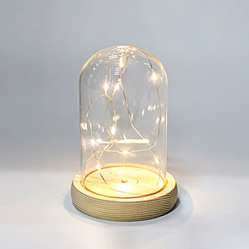 Dôme en verre Base en bois avec lumière LED