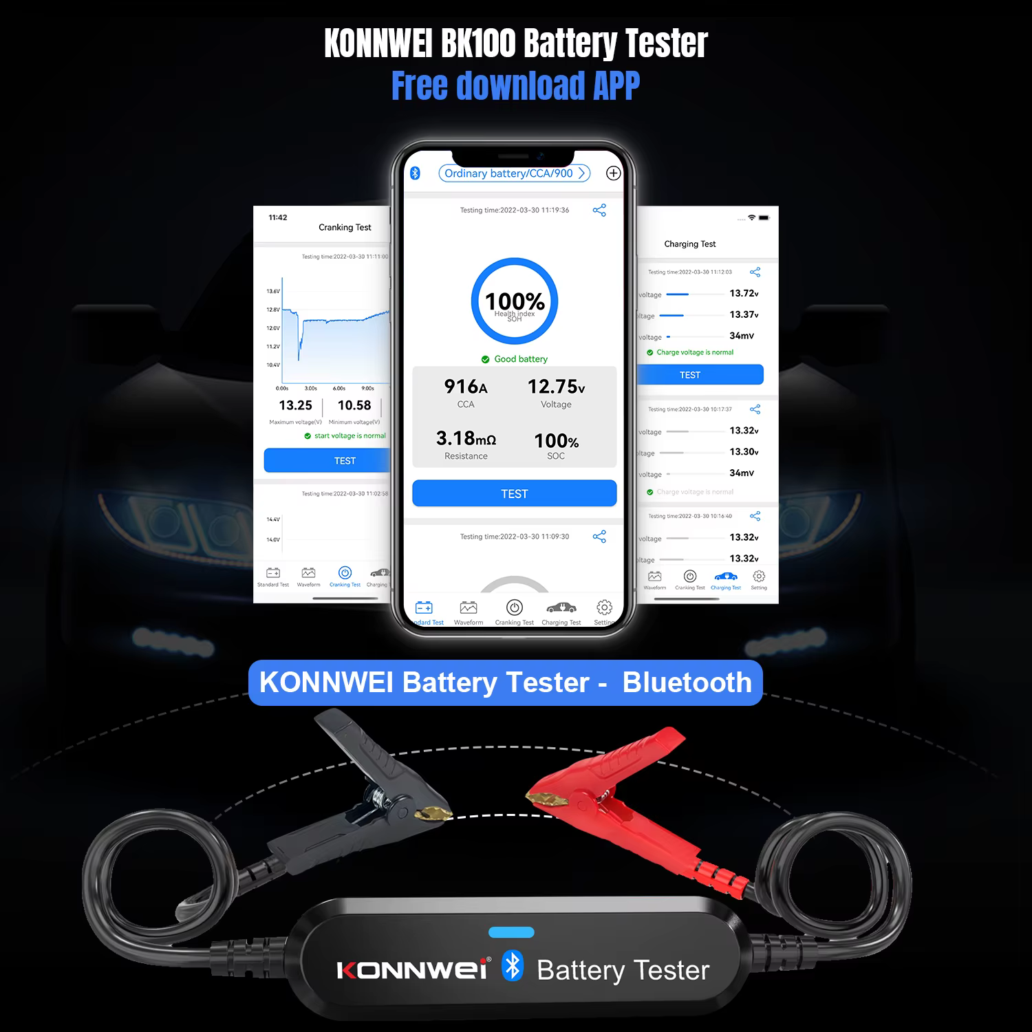 Testeur de batterie de voiture KONNWEI BK200 BK100 6V-12V-24V, contrôle par application Bluetooth pour surveiller les tests de charge, outil de diagnostic de batterie de voiture
