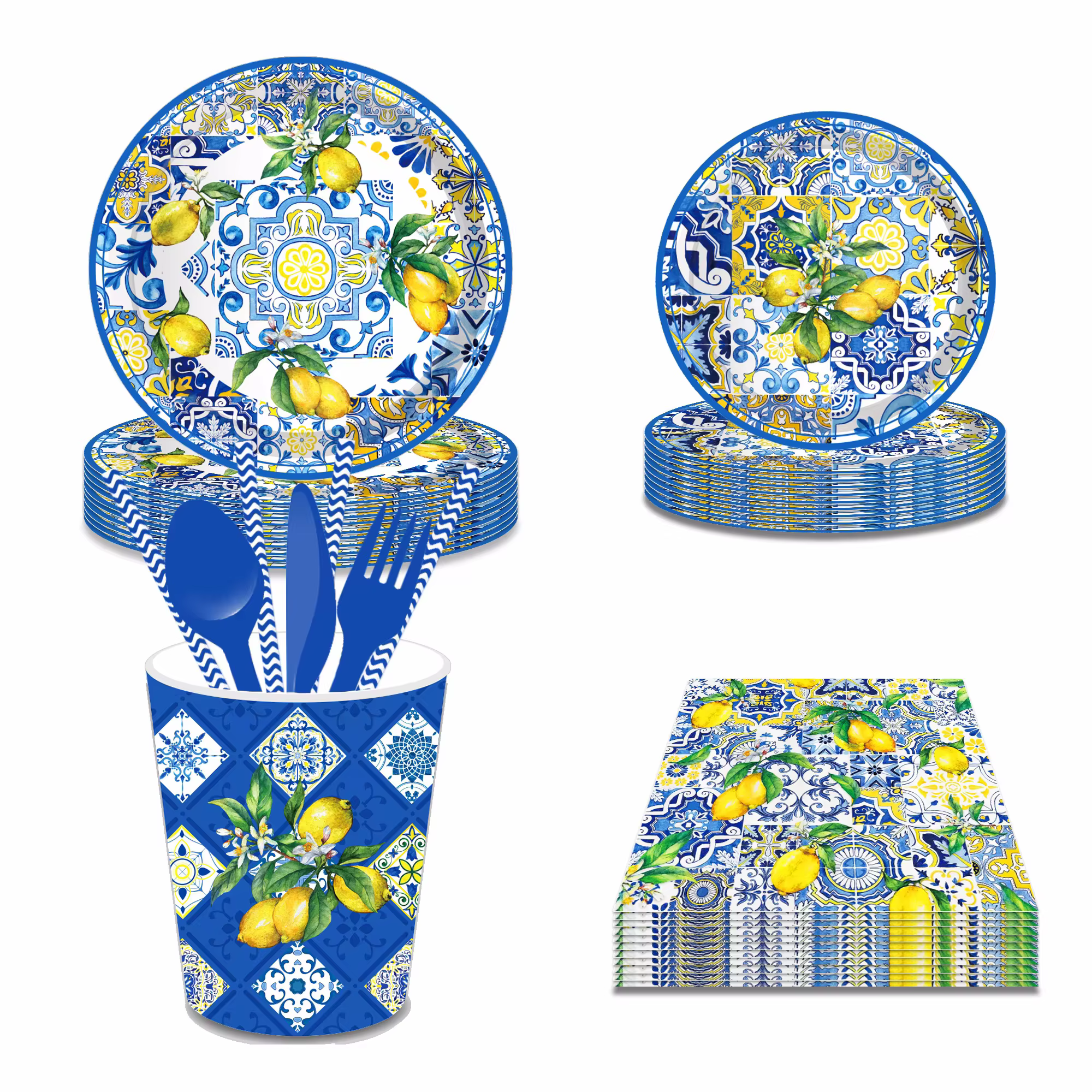 Ensemble de vaisselle jetable en porcelaine bleue et blanche